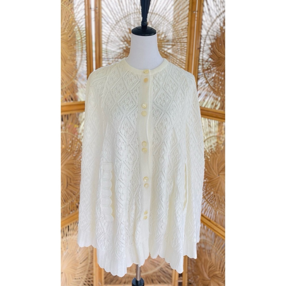 Vintage Ivory Cream Tone Acrylic Knit Button Front Cape Poncho